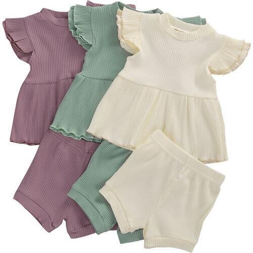 Infant Baby Girls Summer Clothing 2Pcs Outfit Sleeveless Ruffle Knitted Patchwork Striped Top Drawing Strap Shorts Set