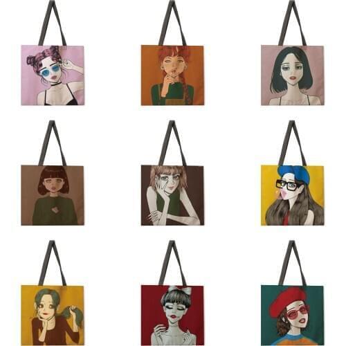 Fashion girl printed tote bag linen fabric bag casual folding shopping bag outdoor beach bag everyday handbag