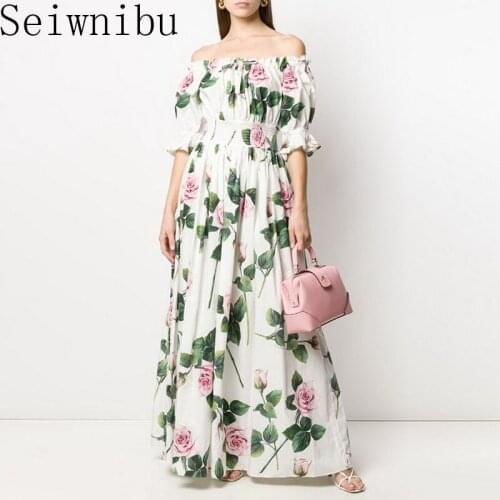 Fashion Designer dress Summer Womens Dress Elastic waist Rose Floral-Print Vacation Maxi Cotton Dresses