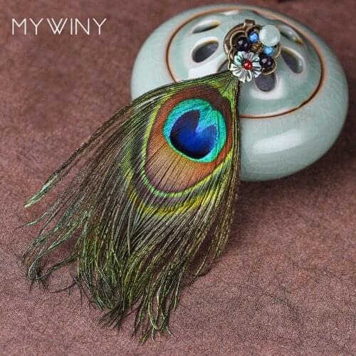 MYWINY New Original handmade Peacock Feather brooch , Ethnic jewelry shell flowers brooch, Aventurine stones vintage brooch gift