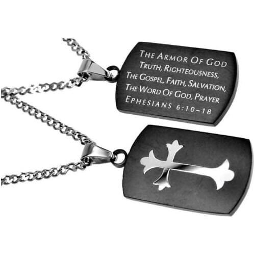 Low price black steel dog tags big discount Double-sided dog tag wholesale Christian Dog Tag cheap Ephesians 6 Bible Verse