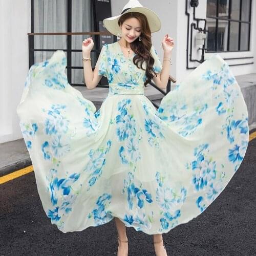 2018 New Summer Large Size High Waist Women Chiffon Beach Seaside Resort Fashion Elegant Printed Dress TB18303