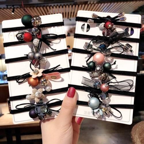 6Pcs/Sets Flower Ball Crystal Ribbon Elastic Hair Bands Scrunchie Tie Gum Rope Sweet Rubber Bands Women Girls Hair Accessories