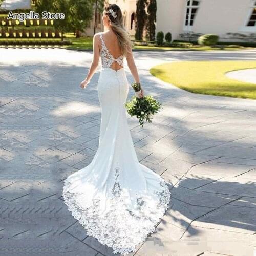 Mermaid Beach Wedding Dresses Summer Spaghetti Straps Lace Appliqued Court Train Sexy Backless Bridal Gowns Vestido de novia