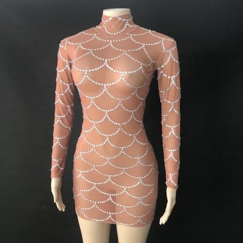 Silver Stones Brown Mesh Dress Sexy Singer Transparent Stretch Dress Stage Fashion Show Costume Rhinestones Outfit