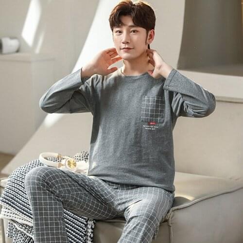 Spring Autumn Mens Pajama Sets Long Sleeve Men Plaid Print Pyjamas Male Casual Fashion Pure Cotton Elastic Waist Pijama Hombre