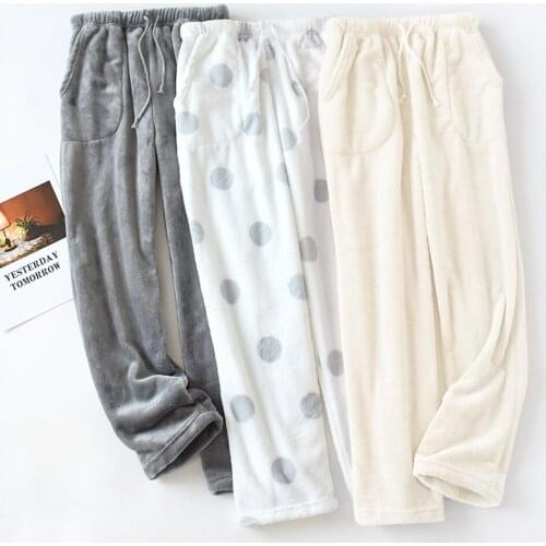 Women Winter Pyjama Trousers Adults Casual Solid Color / Polka Dot Comfortable Pants with Side Pockets Drawstring