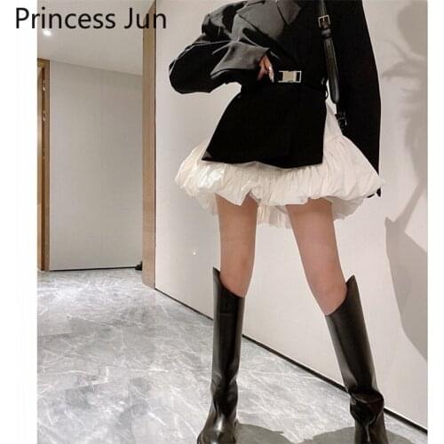 Women Fashion 2 Piece Sets Outfits Retro Irregular Slim Blazer+Mini Puffy Bud Skirt French Retro Black White Two Piece Suits