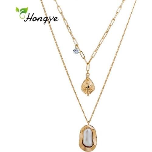 Hongye Retro Double Chain Natural Pearl Pendant Necklace For Women Party Carving Metal Collier Fashion Jewelry 2020 Pendientes
