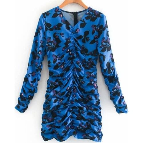 Long Sleeve Fan Dress 2021 Autumn Womens New French Retro Pleated Starry Sky Blue Print Dress Round Neck Stretch Pleated