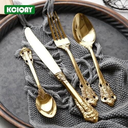 4Pcs Vintage Western Gold Plated Cutlery Set Stainless Steel Dinnerware Silverware Flatware Set Dinner Knife Fork Spoon Set