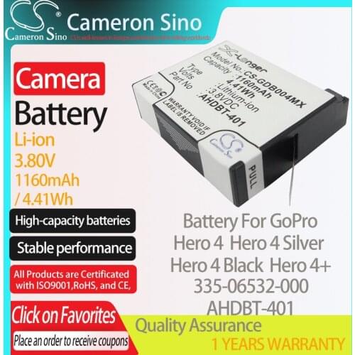 CameronSino Battery for GoPro Hero 4 Hero 4 Silver Hero 4 Black Hero 4+ fits GoPro 335-06532-000 AHDBT-401 camera battery 3.80V