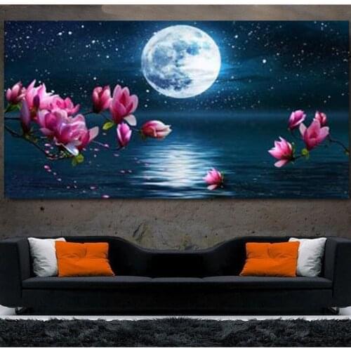 Diamond Embroidery 5d Pink Magnolia Flower Art Moon Over Sea Full Diamond Painting Blue Ocean Under Moonlight Landscape A887