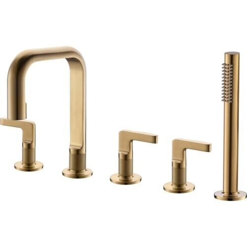 Free ship Modern widespread 5 pieces Brushed Gold / Black color Deck Mounted Bathtub Bath Tub Faucet Handheld Set Brass