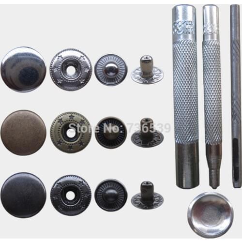 Free shipping hot sale 200sets 12.5mm#633+installation tool four part brass metal button spring snap button snap fasteners