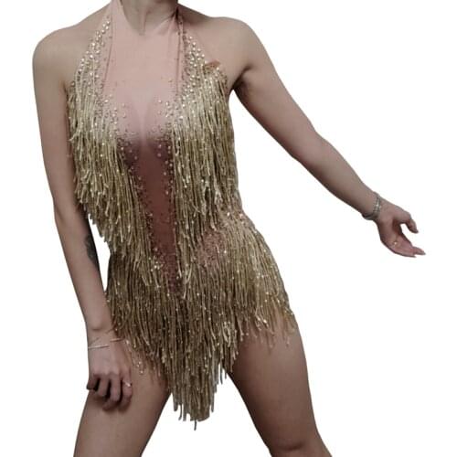 Sparkly Rhinestone Tassel Leotard Nightclub Dance Costume Show Stage Wear Party Bodysuit Jazz Dance Singer Performance Outfit