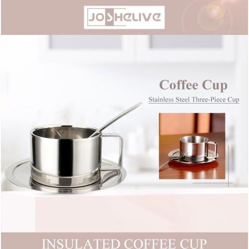 Double-layer Heat Insulation Anti-scalding Coffee Cup With Saucer And Spoon Three-piece Set 304 Stainless Steel For Coffee Tea