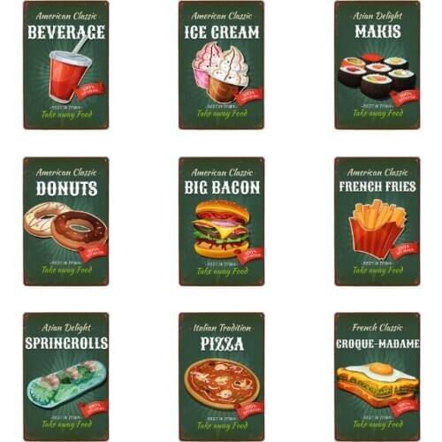 Fast Foods Metal Plaque Tin Sign Desserts Hamburger Poster Kitchen Decor Plate Wall Decor For Restaurant Diner Iron Painting