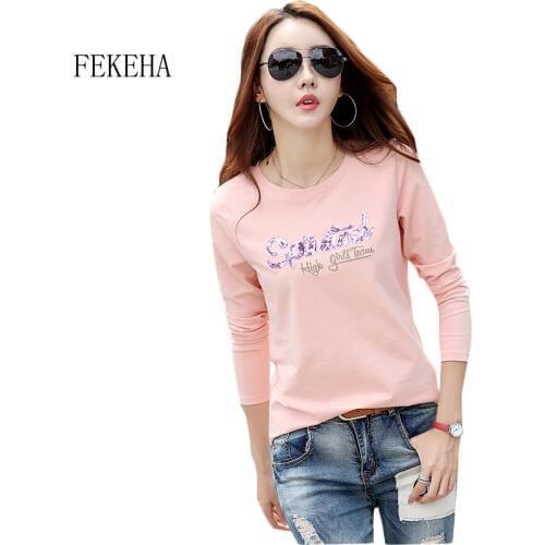 FEKEHA White T Shirts Women Cotton Tee Shirt Femme Long Sleeve Black Camisetas Mujer Letter T-shirt Slim T Shirt Lady Tops