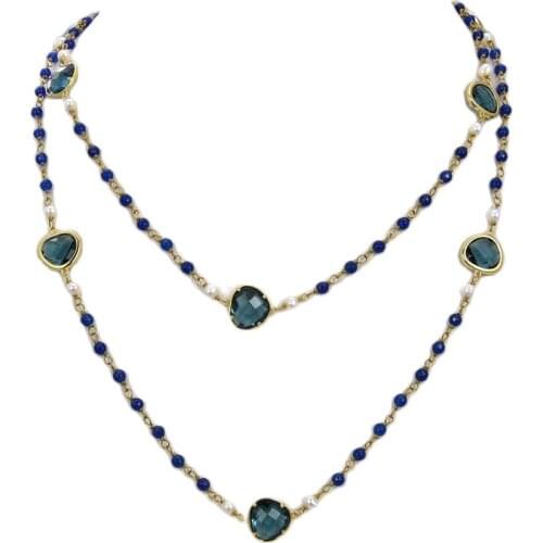 GuaiGuai Jewelry 44" White Round Freshwater Pearl Blue Crystal Glass Necklace