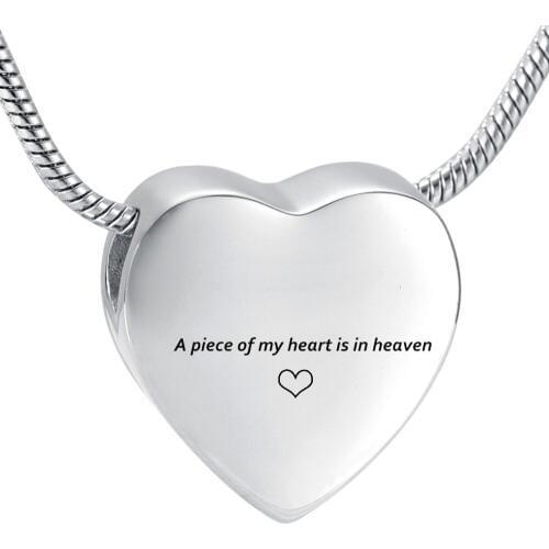 IJD9952 A piece of my heart is in heaven Carved Slider Heart Cremation Necklace for Women Keepsake Urn Necklace for Human Ashes