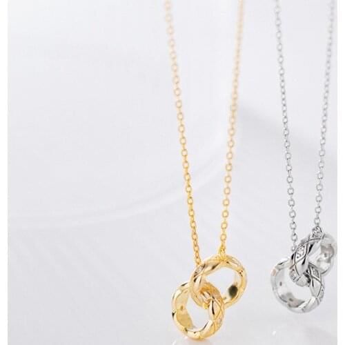 Classic Double Ring Circles Pendant Necklaces Women Zircon Interlocking Chokers Necklaces Real 925 Sterling Silver Sweater Chain