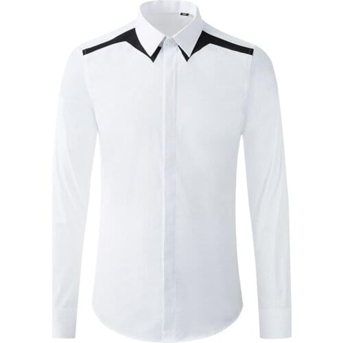 New Arrival High Quality Fashion 100% Cotton Shoulder Black White Splicing Simple Long Sleeve Men Casual Shirts Size MLXL2XL3XL