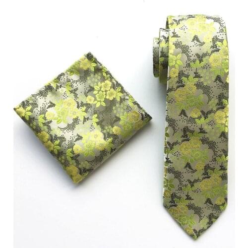 Wholesale Mens Necktie Set Fashion Green Embroidered Floral Ties Pocket Square Sets