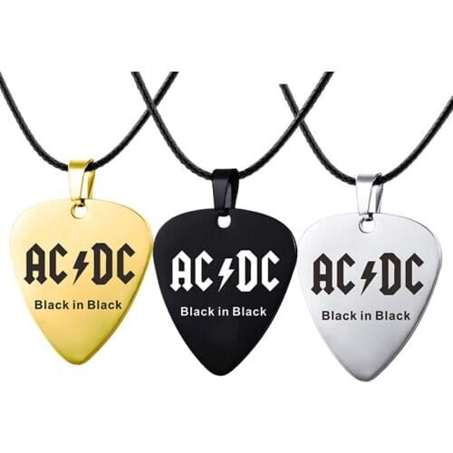 Rock Symbol Pendants AC DC Necklace Rock Band Guitar Titanium Steel Mens Punk Instrument Guitar Pick Pendant Necklace for Boys