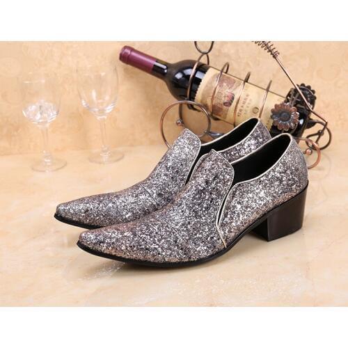 Sliver Bling Bling Crystal Dress Wedding Loafers Pointed Toe Mens Italian High Heels Shoes Mens Formal Shoes Genuine Leather