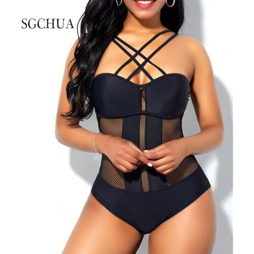 SGCHUA 2020 New Sexy Black Lace One Piece Swimsuit Women Solid Mesh Plus Size XXL Swimwear See Through Beach Shape Bathing Suit
