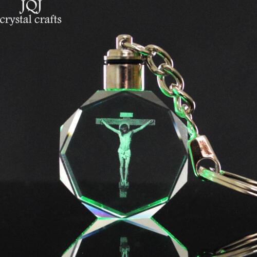 1 Piece Laser Engraved Jesus Cross Crystal Crafts Glass Keychain With Changing Colors Light For Onaments Home Decor Gifts