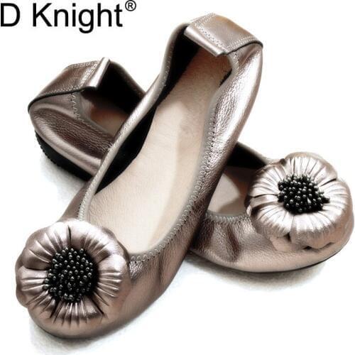 New Arrival Genuine Leather Women Ballet Flats Shoes Big Size 43 Black Female Loafers Round Toe Flower Flat Women Shoes For Lady