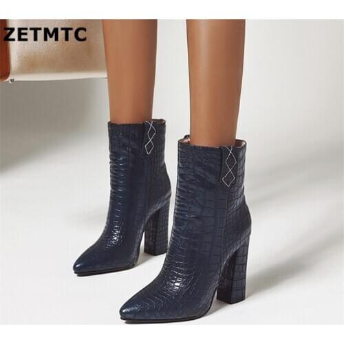 New Big Size 35-43 Snake Pu Leather Pointed Toe Zip High Heels Shoes Woman Casual Party Spring Autumn Ankle Boots