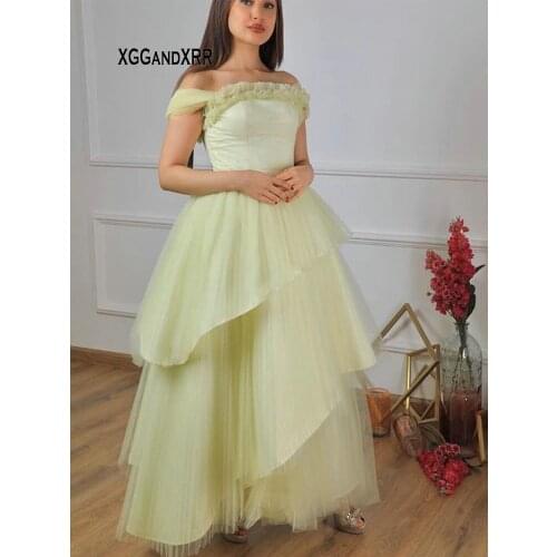 Elegant Light Yellow A Line Layers Long Prom Dress 2021 Off Shouder Tulle Evening Gown Saudi Arbia Lady Formal Wear Party Gown