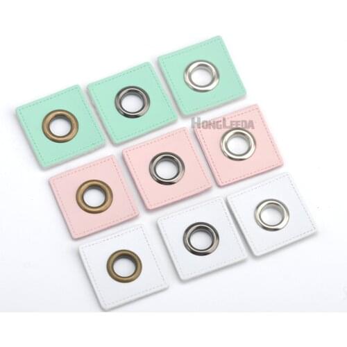 30pcs/lot 27mm square white/pink/mint PU leather sew on Badges patch labels + inner 8mm metal brass eyelets grommets free ship