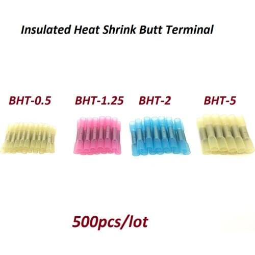 500pcs BHT0.5 BHT1.25 BHT2 BHT5 Crimp Terminal Insulated Heat Shrink Butt Terminal Electric Wire Connectors