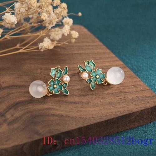 White Jade Bead Ear Studs Crystal Amulet Jewelry Fashion Earrings Zircon 925 Silver Natural Gemstone Women Chalcedony Gifts