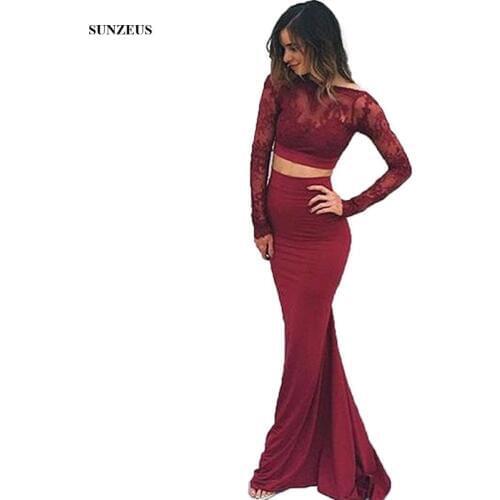 Burgundy Two Piece Prom Dress Scoop Lace Long Sleeve Spandex Mermaid Formal Party Dresses Open Back Vestido De Baile S899
