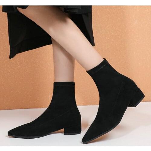 3cm Low Heels Ankle Boots Women Sexy Pointed Toe Boots Female Zippr Suede Leather Night-club Dancing Fetish Shoes Lady Big Size