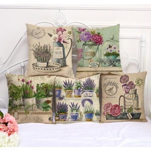 Decorative Pillow Case Floral Potted plants Pillowcase 17.5 Inches Cotton Linen Chair Seat Throw Pillow Cover P1026