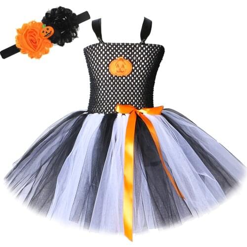 Pumpkin Halloween Costume for Girls Kids Tutu Dress with Flower Hairband Baby Girl Holiday Party Outfit Children Tulle Dresses