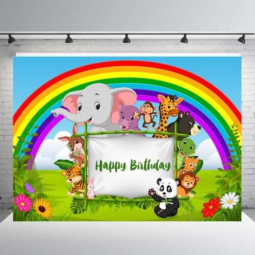Jungle Backdrop for Party Safari Theme Birthday Banner Zoo Animal Party Supplies Tablecloth Rainbow Flower Photo Background