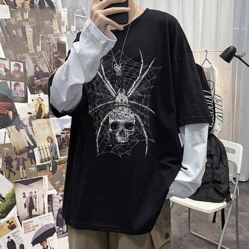 Harajuku Gothic T-shirt Spider Web Graphic Fake Two-piece Long-Sleeved Top Oversized Black Vintage Pure Cotton AestheticT-shirt