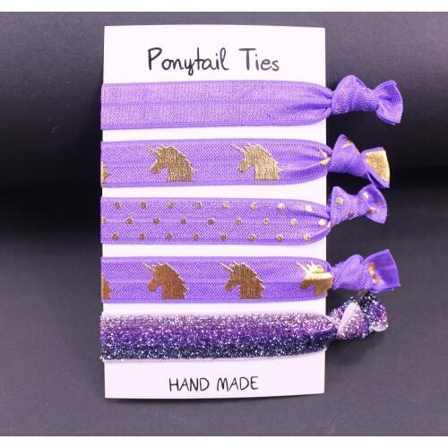 HT-5-047-5/8" baby Ponytail FOE elastic hair ties unicorn glitter elastic purple printed foe elastic 10 sets per lot (50 pcs)