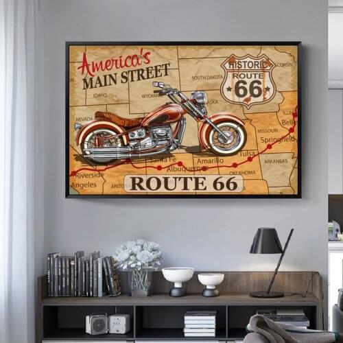 Canvas Painting Prints Vintage Travel Route Map Poster Large Motorcycle Wall Art Picture for Living Room Bedroom Home Decor