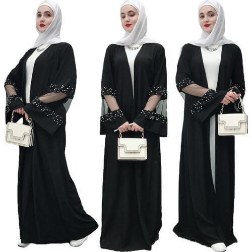 Kimono Abaya Dubai Kaftan Muslim Women Open Front Long Cardigan Maxi Dress Beads Jilbab Islamic Party Cocktail Gown Arab Robe