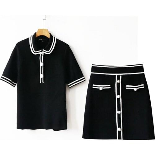 2 Pieces Set Short Sleeve Women Sweater Pullover Knitted Top+a Line Mini Skirt Pearls Buttons