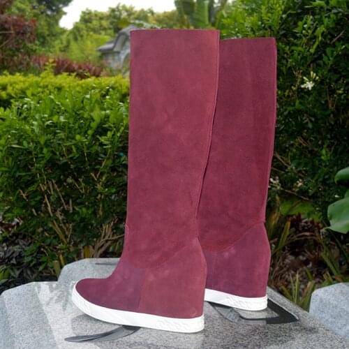 Fashion Maroon Red Suede Knee Boots Real Photos Two Wear 8CM hidden inner heel Woman Shoes Thick Sole Slip On Martin Bottine