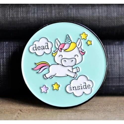 Cartoons Dead Inside Unicorn Enamel Brooch Pin Backpack Hat Bag Collar Lapel Pins Badges Women Mens Fashion Jewelry Accessories